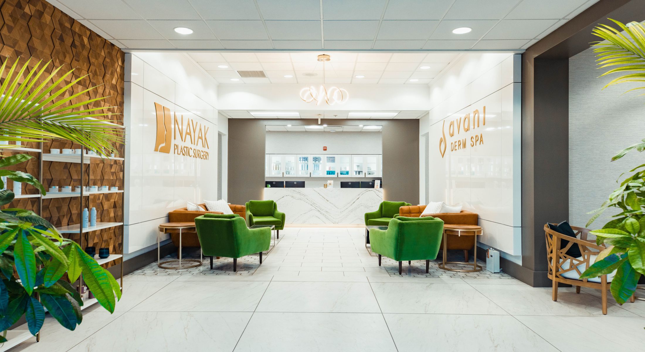 Welcoming reception area for plastic surgery and spa.